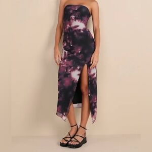 Lulus Paramount Poise Black Multi Abstract Strapless Mesh Midi Dress